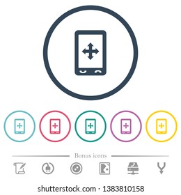 Mobile move gesture flat color icons in round outlines. 6 bonus icons included.