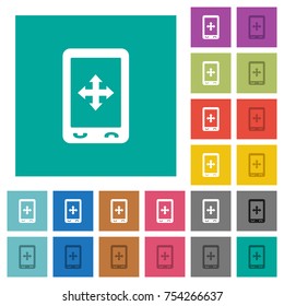 Mobile move gesture multi colored flat icons on plain square backgrounds. Included white and darker icon variations for hover or active effects.