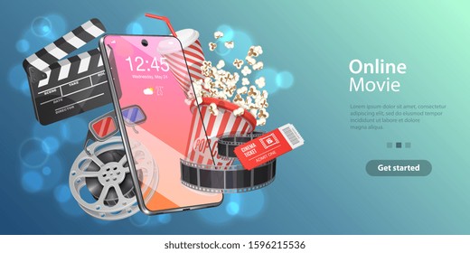 Mobile Movie Theater, Online Cinema Watching, Cinematography and Filmmaking, Ticket Ordering. Vector Template for Web Banner or Website Landing Page.