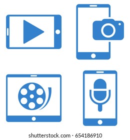 Mobile Multimedia vector icon clip art. Collection style is cobalt flat symbols on a white background.