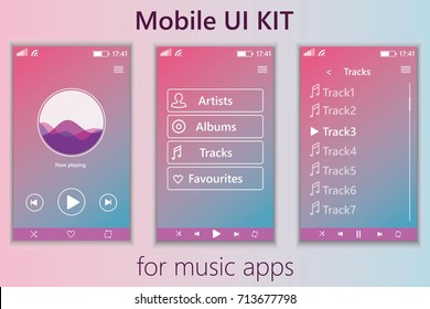 Aplicación de música móvil. Kit de interfaz de usuario móvil. Interfaz de usuario de diseño de material, UX, GUI. Diseño web reactivo. Diferentes pantallas UI, UX, GUI.