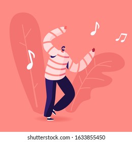 Mobile Music Application Concept. Young Man Dancing Sparetime and Active Lifestyle, Male Character Spend Time Moving Body at Disco Dance. Leisure or Hobby Movement. Cartoon Flat Vector Illustration