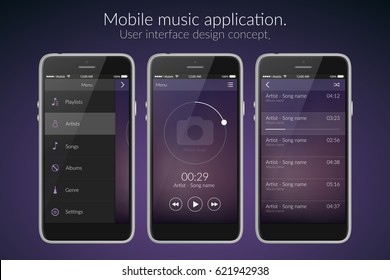 Mobile music application interface design concept isolated on dark background flat vector illustration