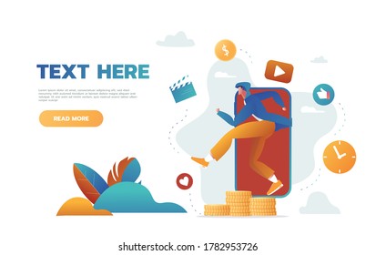 Mobile Music Application Website Landing Page. Young Man Listening to Music and Active Lifestyle, Male Character Spend Time with Music App Page Banner. Cartoon Flat Vector Illustration