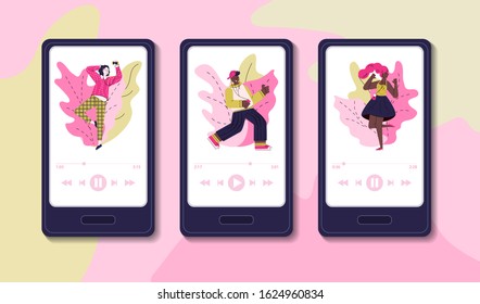 Mobile music applications interface set with people sketch vector illustration.