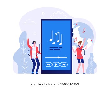 Mobile music concept. People listen songs online vector illustration. Music application, entertainment, audio playlist