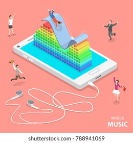 Mobile music flat isometric vector concept. Slider and a 3D audio equalizer are on top the smartphone. People are dancing around it and one of them is sliding down the slider.