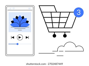 Mobile music player interface with play button and lotus flower graphic, shopping cart with notification badge, and minimalist cloud. Ideal for apps, technology, e-commerce, music streaming, user