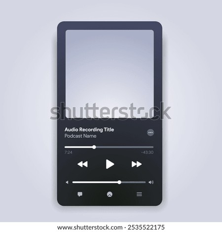 Mobile music player interface. Podcast turntable template. Audio streaming service layout. Profile, Album, Song, Singer, blog mockup. Apple music, deezer, spotify screen. Vector illustration.