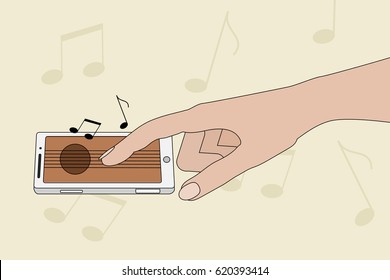 Mobile music production concept. Stock vector illustration with a hand touching smartphone screen and producing guitar sounds.