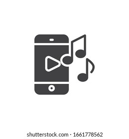 Icono vectorial de música móvil. Signo plano de sonido de teléfono celular para concepto móvil y diseño web. Smartphone con notas musicales icono de glifo. Símbolo, ilustración del logotipo. Gráficos vectoriales