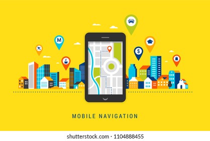 Mobile navigation app concept. Route map with symbols showing location with a urban, city landsape on background