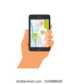 Mobile navigation app concept. Route map with symbols showing location with a urban, city landsape on background