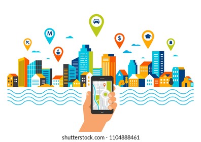 Mobile navigation app concept. Route map with symbols showing location with a urban, city landsape on background