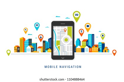 Mobile navigation app concept. Route map with symbols showing location with a urban, city landsape on background