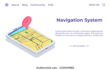 Mobile navigation app concept. Smartphone with mark on a map. Isometric composition. Vector illustration