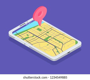 Mobile navigation app concept. Smartphone with mark on a map. Isometric composition. Vector illustration
