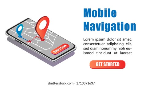  Aplicación de navegación móvil en la pantalla de smartphone plantilla de sitio web isométrica. Mapa de ruta con signo de ubicación que muestra la dirección.Ilustración vectorial de smartphone isométrico con aplicación de navegación móvil.