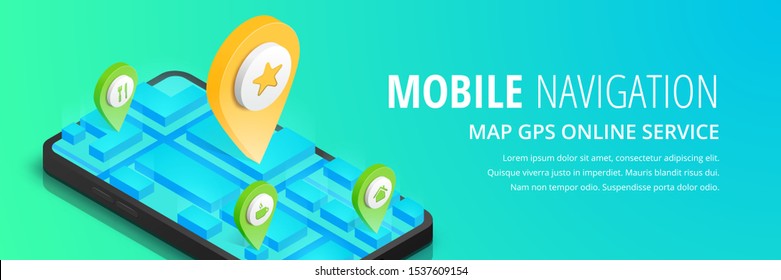 Mobile Navigation banner template. GPS city map isometric concept. 3d Smartphone with route map, pin on screen, text, button. Search Location service design. Vector illustration for web, app, advert