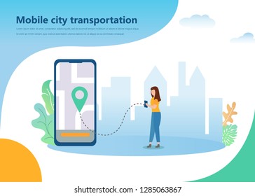 Mobile navigation city vector illustration concept. cartoon character and smartphone. template mobile