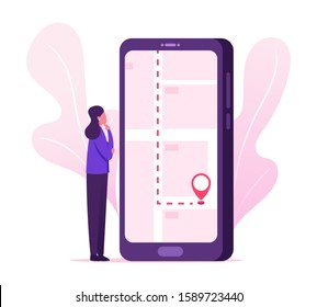 Mobile Navigation Concept. Female Character Using Mobile Phone to Pave the Way Using Application with Satellite Connection on Giant Smartphone with GPS Pin and Map. Cartoon Flat Vector Illustration