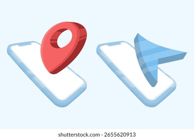 Mobiles Navigationskonzept. Navigationssymbol für Mobilgeräte. Mobile App mit Outdoor-Karte, Cartoon-Handy mit Navigations-Tracking-App. Reisen und Technik. Flache Designgrafik.