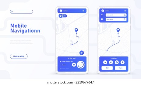 Mobile navigation concept. Interface for programs, software and applications, website design, UI and UX. Geolocation and navigation, GPS, route and order tracking. Cartoon flat vector illustration