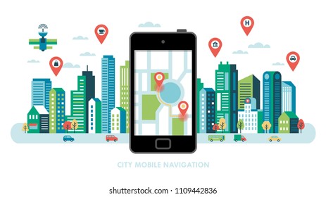 Mobile navigation concept with modern buildings and network connection. Vector illustration