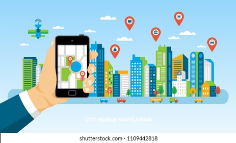 Mobile navigation concept with phone, modern buildings and network connection. Vector illustration