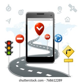 Mobile Navigation Concept with Realistic 3d Detailed Traffic Road Signs Pin Marker Positioning and Direction. Vector illustration of Navigator Travel