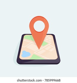Mobile navigation concept. Smartphone with GPS city map on the screen with map pointer. Flat design. Vector illustration