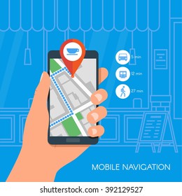 Mobile navigation concept vector illustration. Hand holding smartphone with gps city map on screen and route. Check-in symbols. Flat design.