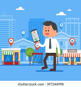 Mobile navigation concept vector illustration. Man holding smartphone with gps city map on screen and route. Check-in symbols. Flat design.