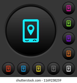 Mobile navigation dark push buttons with vivid color icons on dark grey background