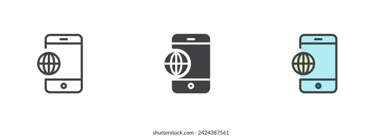 Navegación móvil conjunto de iconos de estilos diferentes. Línea, glifo y contorno relleno versión colorida, contorno y signo vectorial relleno. Teléfono con símbolo del globo, ilustración del logotipo. Gráficos vectoriales