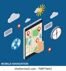 Mobile navigation flat 3d isometric vector concept illustration