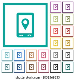 Mobile navigation flat color icons with quadrant frames on white background