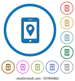 Mobile navigation flat color vector icons with shadows in round outlines on white background