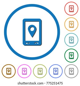 Mobile navigation flat color vector icons with shadows in round outlines on white background