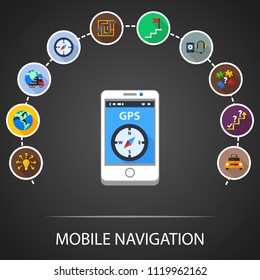 Mobile navigation flat icons concept. Vector illustration. Element template for design.