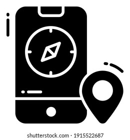 Icono de glifo de navegación móvil, icono de mapa y ubicación.