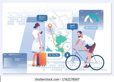 Mobile navigation GPS. Search index on navigation.People using map in phone app to navigate and find location.Vector illustration