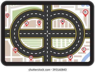 Mobile navigation GPS system, destination location, spotting and find the right way. navigation path on the road in city. Flat vector illustration.