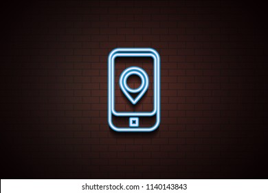 mobile navigation icon in Neon style on dark brick wall background