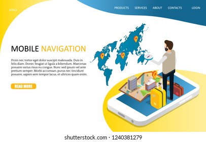 Mobile navigation landing page website template. Vector isometric smartphone with route map and pin, suitcases, tourist holding compass. Smart phone with navigation app. GPS concept.