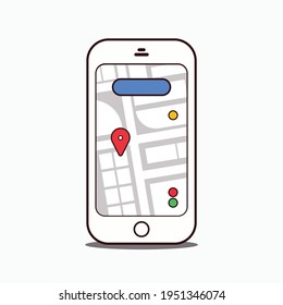 Mobile navigation or map app concept. Smartphone with map on screen and red GPS dot, isolated on a white background. Infographic of city map navigation. Vector illustration flat icon.