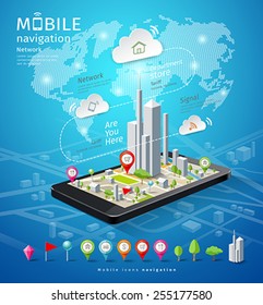 Mobile navigation map icons connections design background, vector illustration