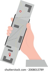 Mobile navigation or maps app concepts. Smartphone with map on screen and red GPS dot, isolated on a white background. 