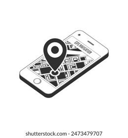 Mobile navigation or maps app concepts. Smartphone with map on screen and red GPS dot, isolated on a white background. Trendy Infographic of city Map Navigation. 