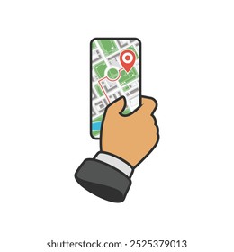 Mobile navigation or maps app concepts. Smartphone with map on screen and red GPS dot, isolated on a white background. Trendy Infographic of city Map Navigation. 